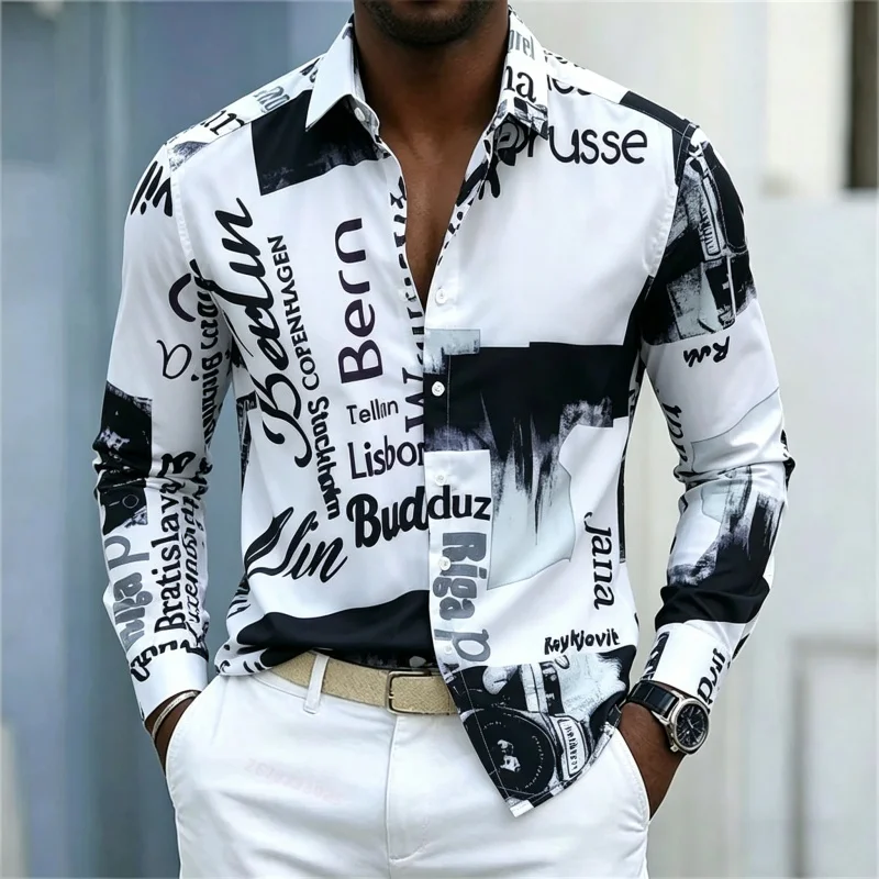 Mens Fashion Casual - メンズプリント長袖シャツ、スリムフィット、襟付き、ストリートスタイルカジュアルシャツ