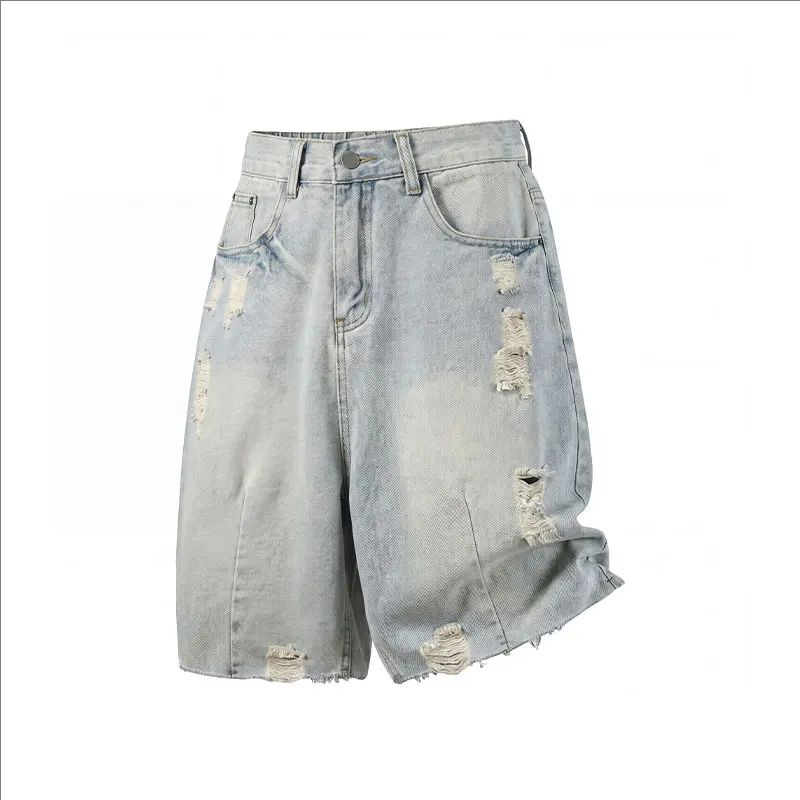 Men'S Fashion Jeans - 夏のメンズカジュアルジーンズショートパンツルーズミッドハイウエストファッション膝丈リップドデニムショートパンツヴィンテージ男性新しい韓国