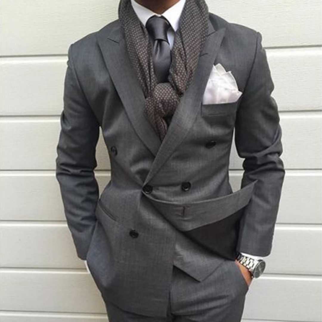 Mens Fashion Dark Grey Pants - ダークグレーのダブルブレストスリムフィットメンズスーツ2ピース、新郎用ウェディングタキシード、ディナービジネスフォーマル男性用ファッションジャケットパンツ