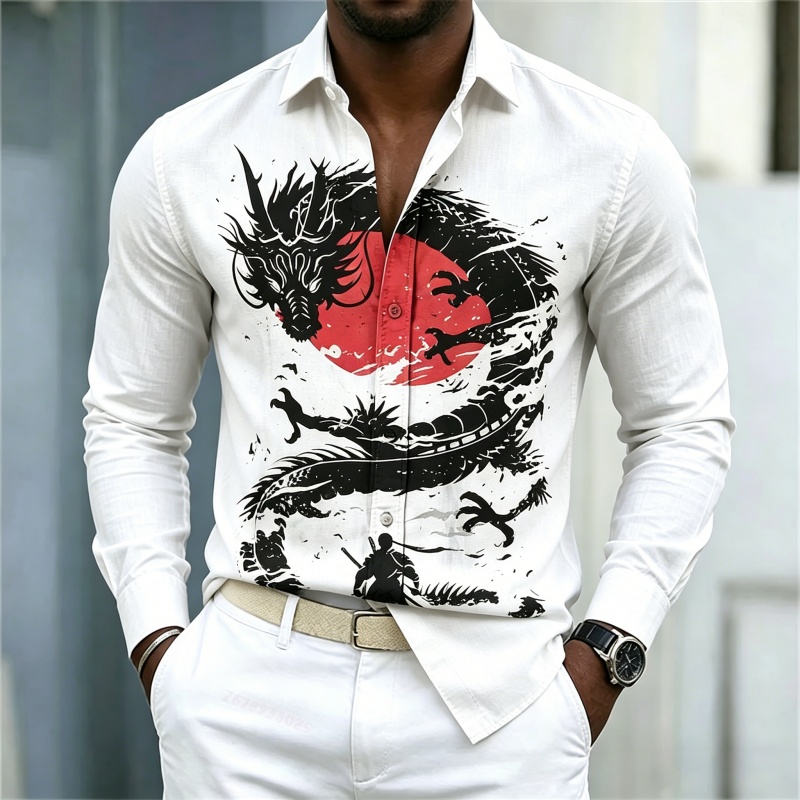 Men'S Fashion Trends - 2026年新作 メンズシャツ 白黒赤のコントラスト ドラゴン柄シャツ ストリートスタイル ファッション
