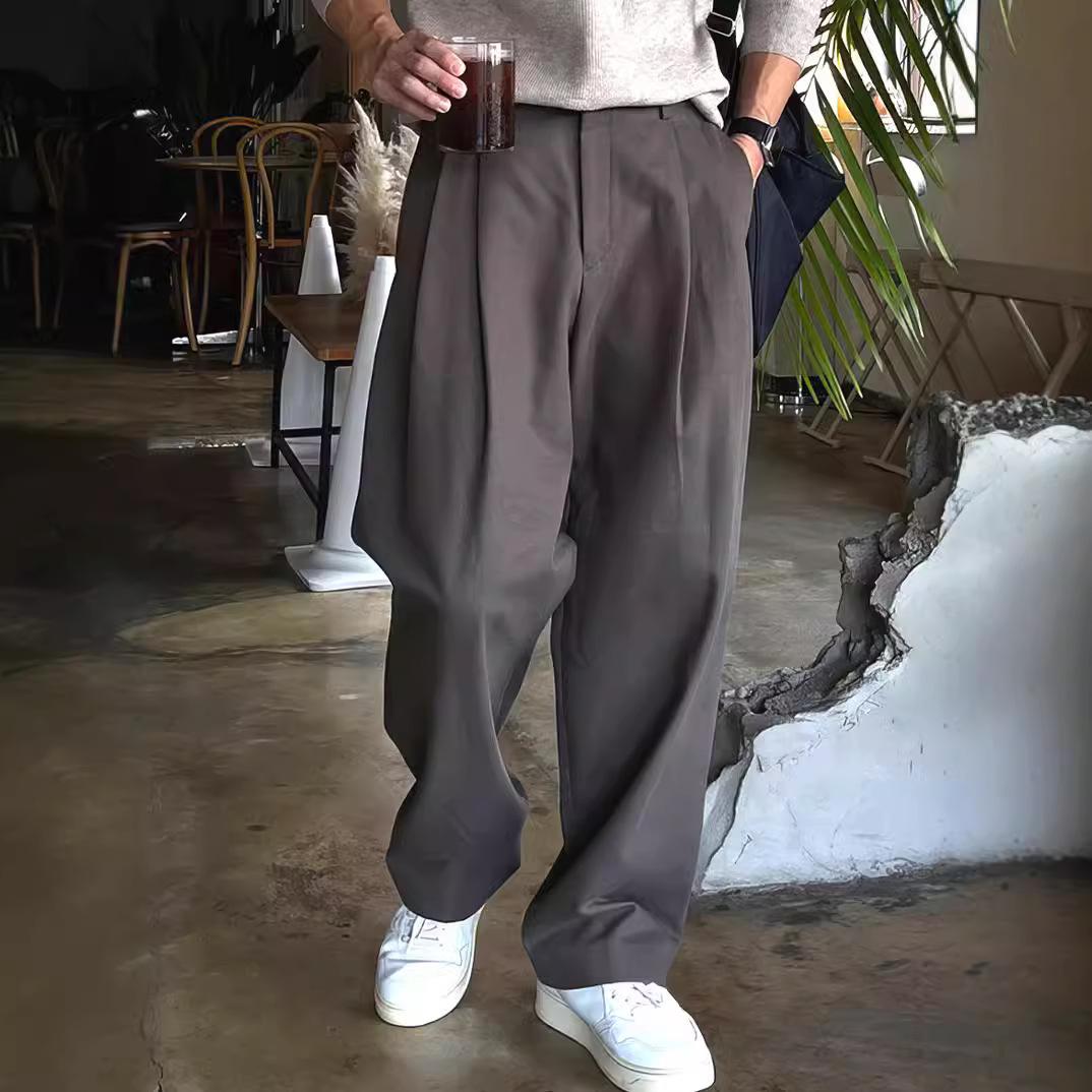 Mens Fashion Dark Grey Pants - メンズダークグレーブラックソリッドカラーカジュアルビジネストレンディシンプルベーシックストレートワイドレッグスーツパンツ男性ファッションパンツ服