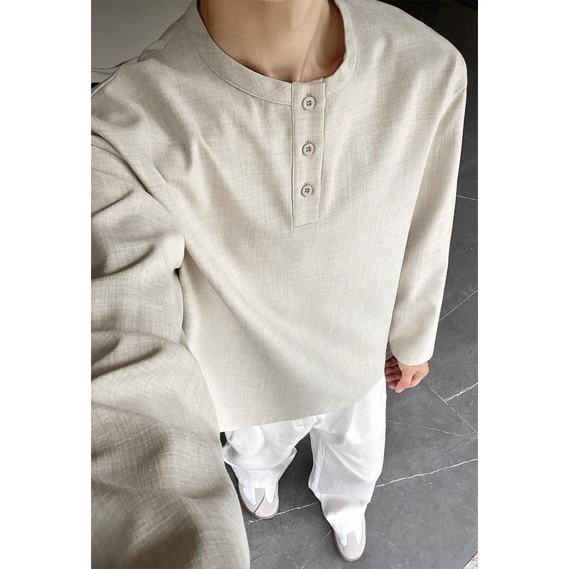 Mens Fashion Casual - メンズカジュアルフェイクリネンヘンリーティー、長袖、3ボタンプラケット、リラックスフィット、バケーションスタイル、軽量シャツ