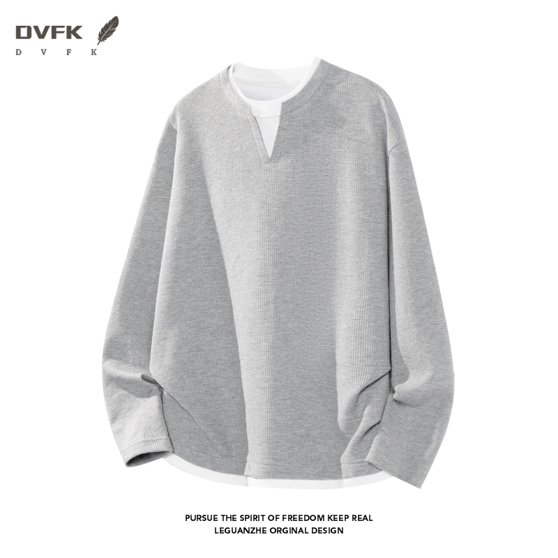 Mens Fashion Casual - メンズフェイクツーピース長袖シャツ、ノッチVネック、ワッフルニット、ルーズフィット、カジュアルデイリーベーシックトップ