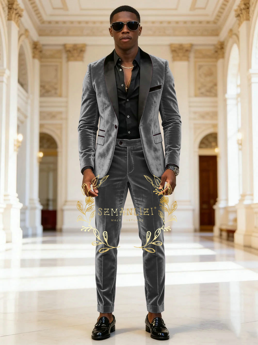 Mens Fashion Dark Grey Pants - ダークグレーベルベット2ピースメンズスーツセット ファッションフォーマルビジネス/ウェディンググルームスーツ ショールラペルシングルブレストブレザーパンツ