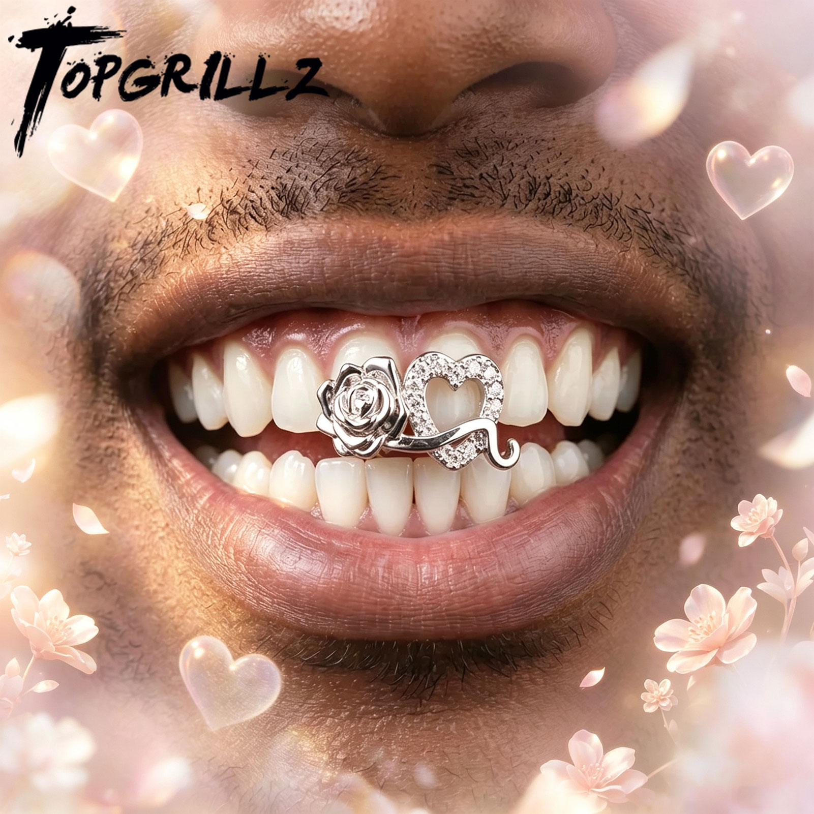 Mens Fashion Caps - TOPGRILLZ ロマンチックなジルコンダブル中空ハートフラワー歯グリルズブレースヒップホップ CZ ストーン歯キャップ女性男性ジュエリー Cospl
