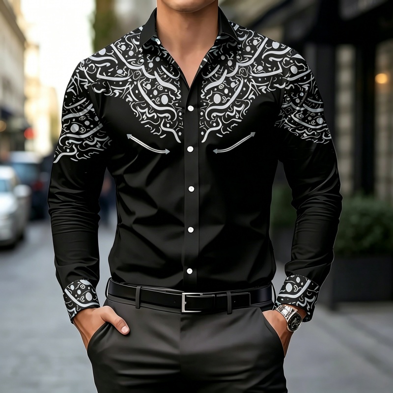 Mens Fashion Casual - 黒と白のコントラストプリントシャツ、スリムフィット、トレンディ、カジュアルトップス、様々なシーンに最適