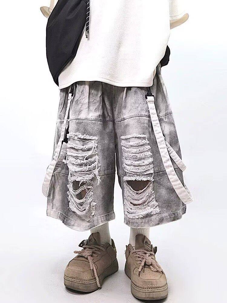 Men'S Fashion Jeans - レトロヒップホップメンズリップドジーンズ夏アメリカンカジュアルファッションルーズストリートスタイルウォッシュドパッチワーク男性中空アウトショーツ