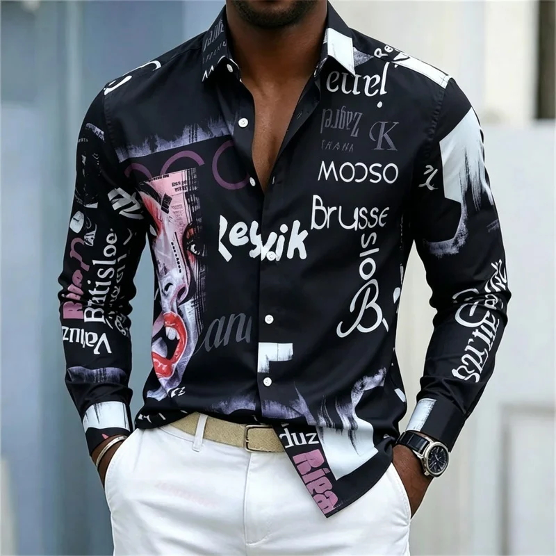 メンズプリント長袖シャツ、スリムフィット、襟付き、ストリート - Mens Fashion Casual のレビューと価格