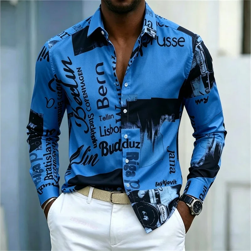 メンズプリント長袖シャツ、スリムフィット、襟付き、ストリート - Mens Fashion Casual のレビューと価格