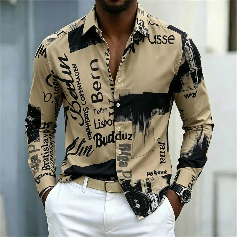 メンズプリント長袖シャツ、スリムフィット、襟付き、ストリート - Mens Fashion Casual のレビューと価格