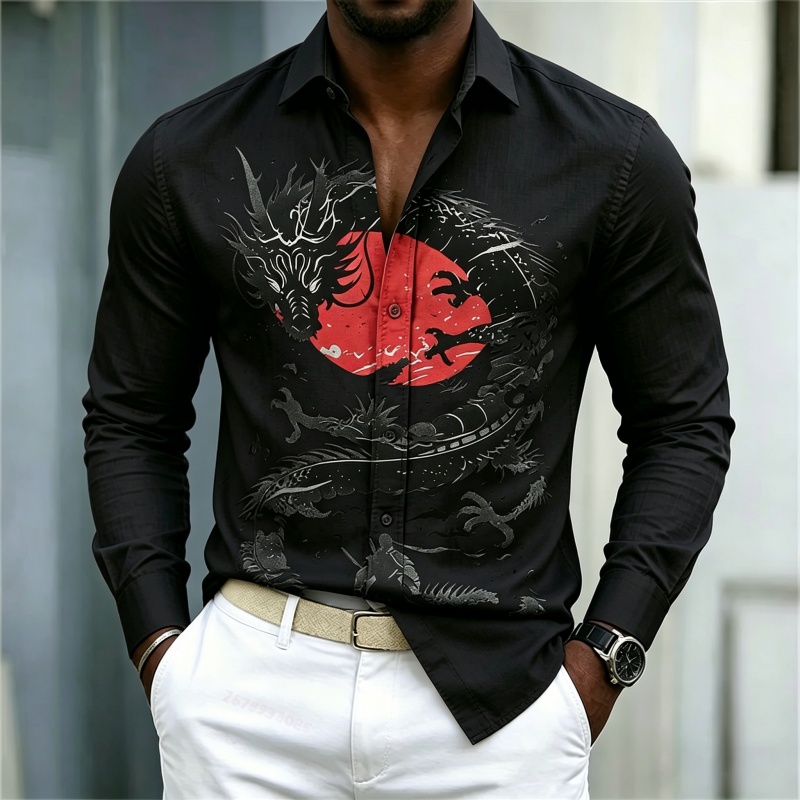2026年新作 メンズシャツ 白黒赤のコントラスト ドラゴン - Men'S Fashion Trends のレビューと価格