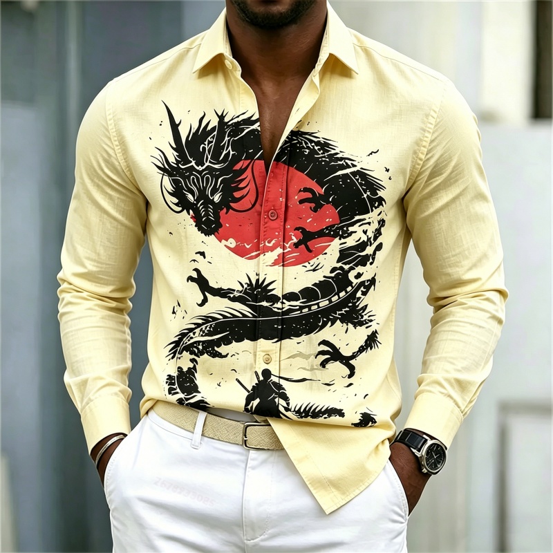 2026年新作 メンズシャツ 白黒赤のコントラスト ドラゴン - Men'S Fashion Trends のレビューと価格