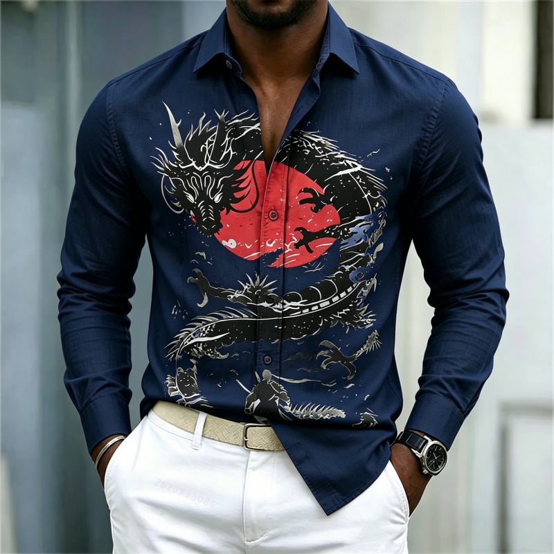 2026年新作 メンズシャツ 白黒赤のコントラスト ドラゴン - Men'S Fashion Trends のレビューと価格