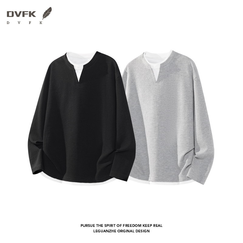 メンズフェイクツーピース長袖シャツ、ノッチVネック、ワッフル - Mens Fashion Casual のレビューと価格