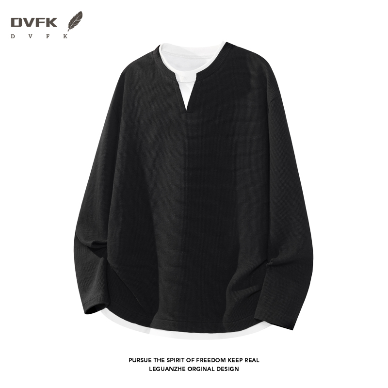 メンズフェイクツーピース長袖シャツ、ノッチVネック、ワッフル - Mens Fashion Casual のレビューと価格