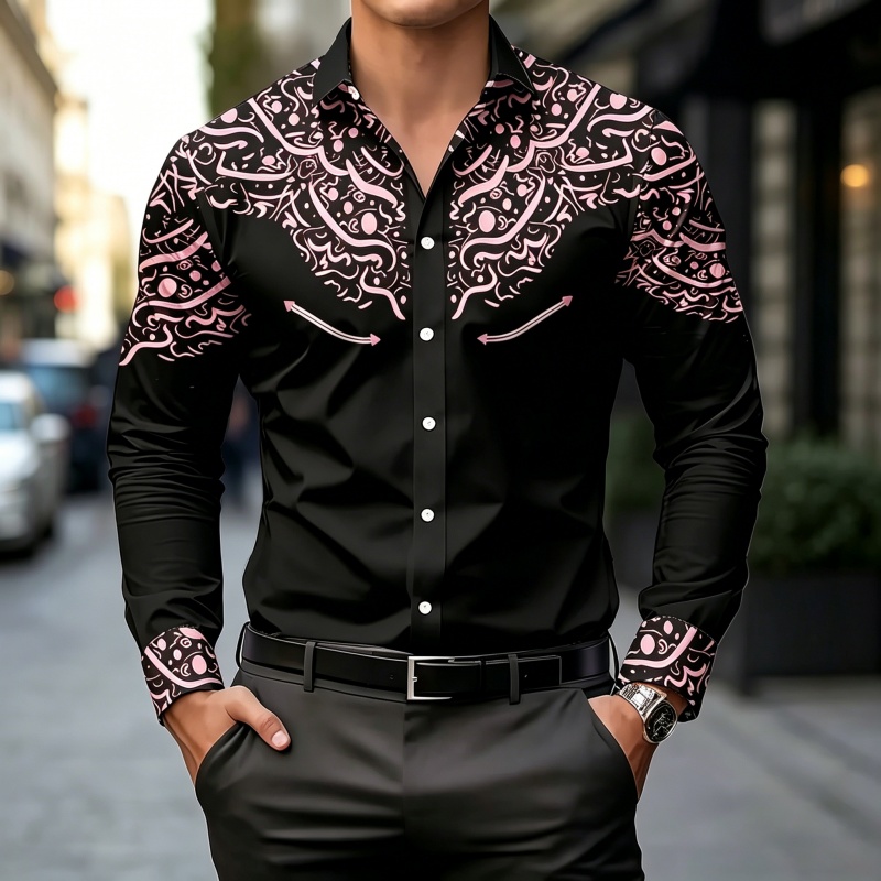 黒と白のコントラストプリントシャツ、スリムフィット、トレンデ - Mens Fashion Casual のレビューと価格