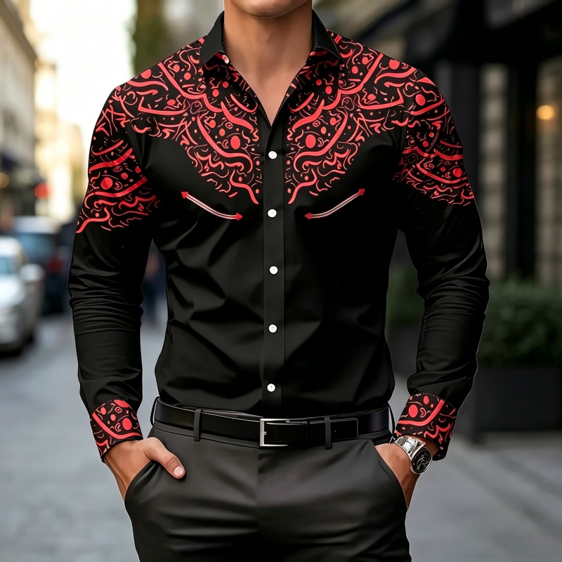 黒と白のコントラストプリントシャツ、スリムフィット、トレンデ - Mens Fashion Casual のレビューと価格